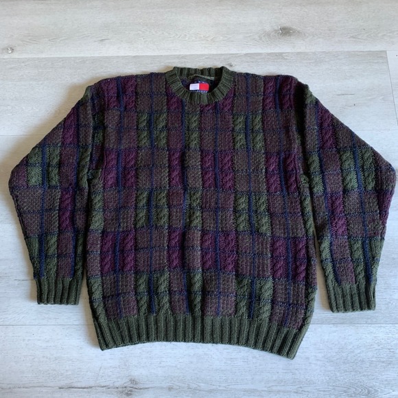 Tommy Hilfiger Vintage Hand Knitted Wool Blend Plaid Cable Knit Sweater Mens S